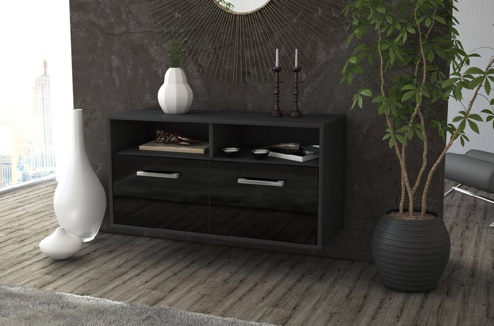Stil Zeit Möbel Lowboard Columbus, Schwarz, hängend mit Griffen (92x49x35cm) Kostenlose Rückgabe