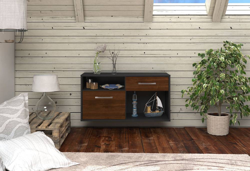 Stil Zeit Möbel Lowboard San Francisco, Walnuss, hängend mit Griffen (92x49x35cm) Fabrikladen