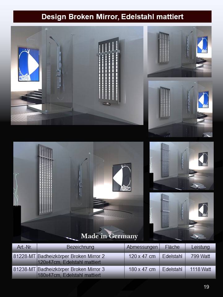 Szagato BADHEIZKÖRPER Design broken Mirror 2 120x47cm 799 Watt Edelstahl matt (+1 Halter 15mm) SZAGATO Designheizkörper mit Mittelanschluss Handtuchwärmer Black Friday