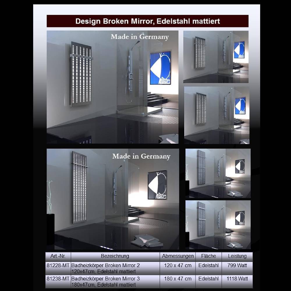 Szagato BADHEIZKÖRPER Design broken Mirror 2 120x47cm 799 Watt Edelstahl matt SZAGATO Designheizkörper Handtuchheizkörper mit Mittelanschluss Handtuchwärmer Weihnachtsangebot