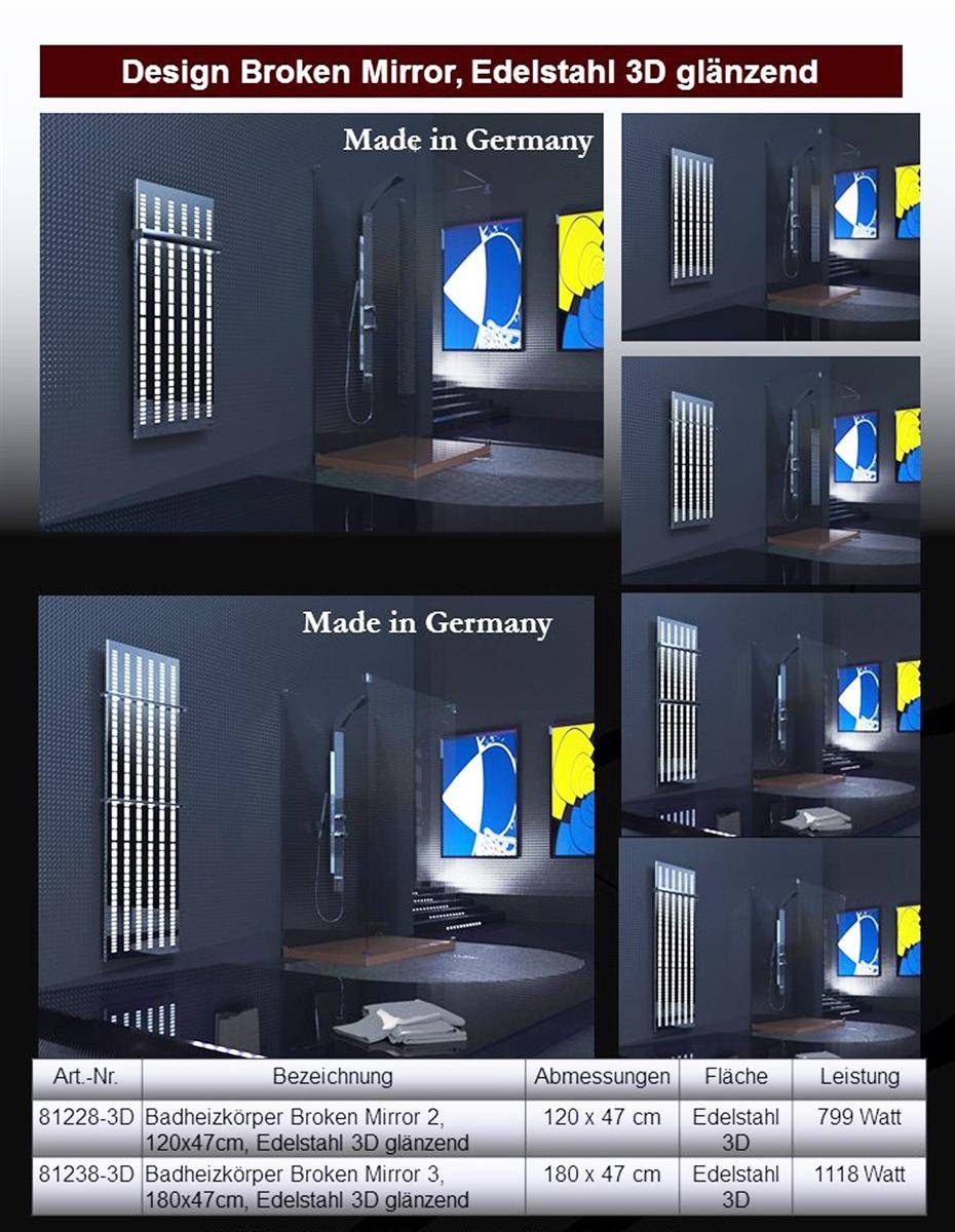 Szagato BADHEIZKÖRPER Design broken Mirror 3 180x47cm 1118 Watt Edelstahl (+1 Halter glänzend 50mm) SZAGATO Designheizkörper Mittelanschluss Handtuchwärmer Exklusive Angebote