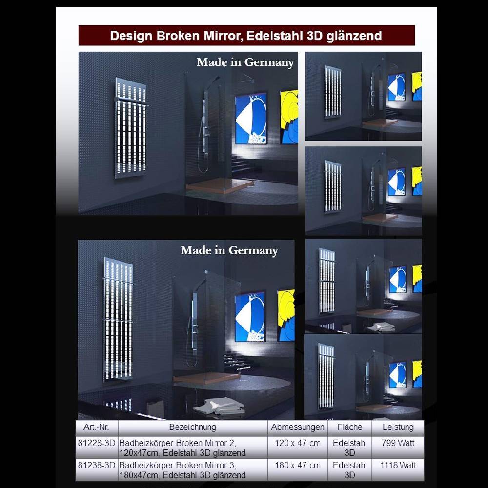 Szagato BADHEIZKÖRPER Design broken Mirror 3 180x47cm 1118 Watt Edelstahl (+2 Halter 50mm) SZAGATO Designheizkörper Handtuchheizkörper mit Mittelanschluss Große Rabatte