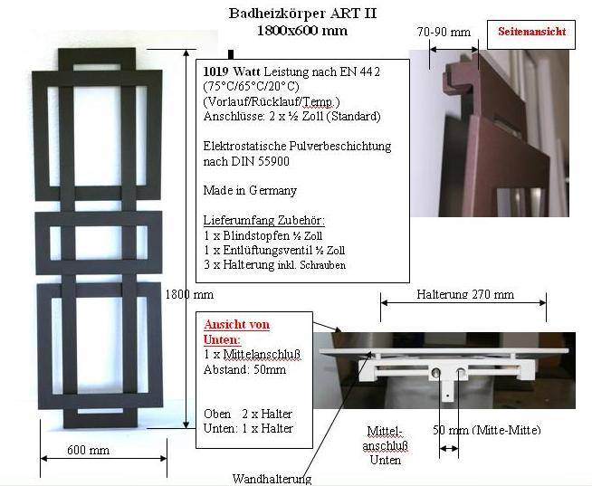 Szagato BADHEIZKÖRPER Design ART II (breite Version) 180x60cm 1019Watt schwarz SZAGATO Designheizkörper Handtuchheizkörper mit Mittelanschluss Handtuchwärmer Sonderangebote