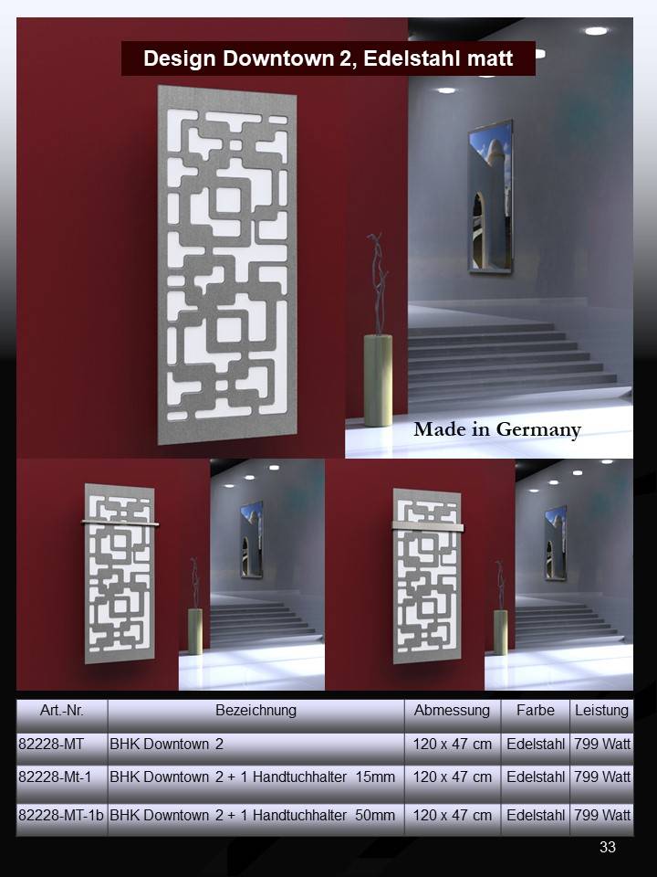 Szagato BADHEIZKÖRPER Design Downtown 2 120x47cm 799 Watt Edelstahl matt (+1 Halter 15mm) SZAGATO Bad Wohnraum-Heizkörper (Mittelanschluss) Zeitlich begrenztes Angebot