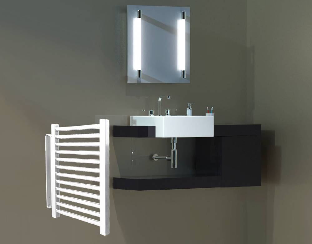 Szagato BADHEIZKÖRPER Design Köln schwenkbar 50x35cm weiß inkl. 150 Watt Heizstab Marke SZAGATO Bad Heizkörper (Seitenanschluss) Vierteljährliche Förderung
