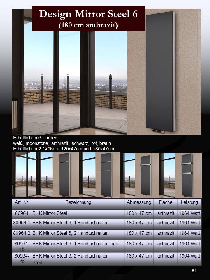 Szagato BADHEIZKÖRPER Design Mirror Steel 6 180x47cm 1964 Watt anthrazit SZAGATO Designheizkörper Handtuchheizkörper mit Mittelanschluss Handtuchwärmer Kostenlose Rückgabe