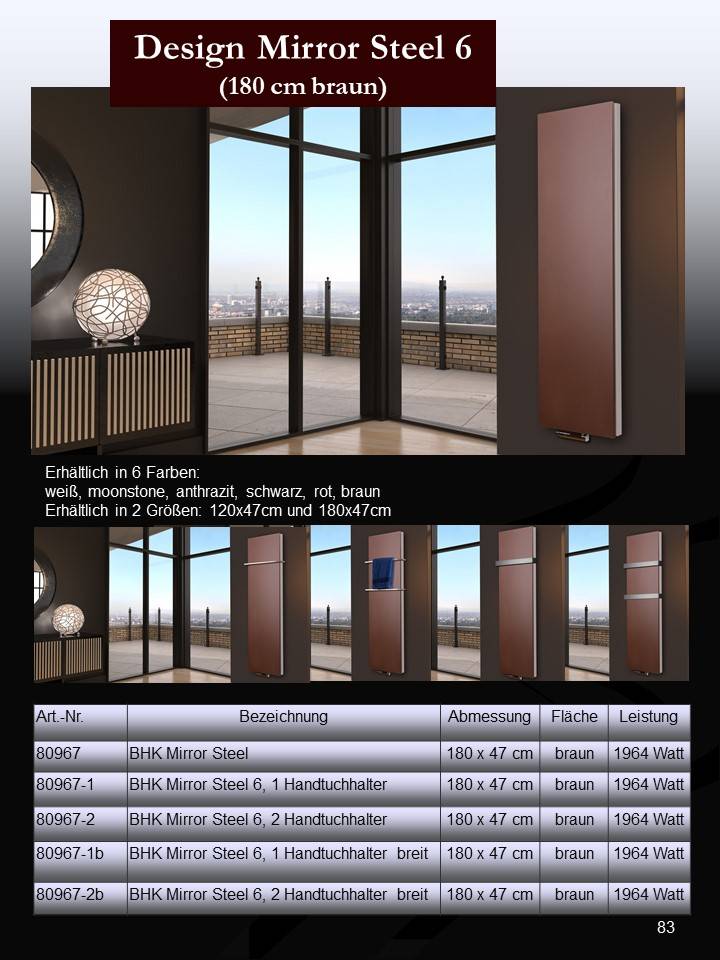 Szagato BADHEIZKÖRPER Design Mirror Steel 6 180x47cm 1964 Watt braun SZAGATO Designheizkörper Handtuchheizkörper mit Mittelanschluss Handtuchwärmer Begrenzte Freigabe