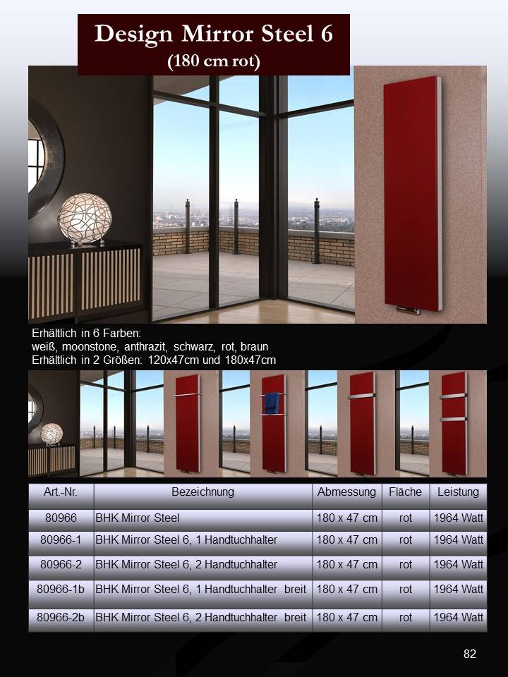 Szagato BADHEIZKÖRPER Design Mirror Steel 6 180x47cm 1964 Watt rot SZAGATO Designheizkörper Handtuchheizkörper mit Mittelanschluss Handtuchwärmer Letzte 3 Tage