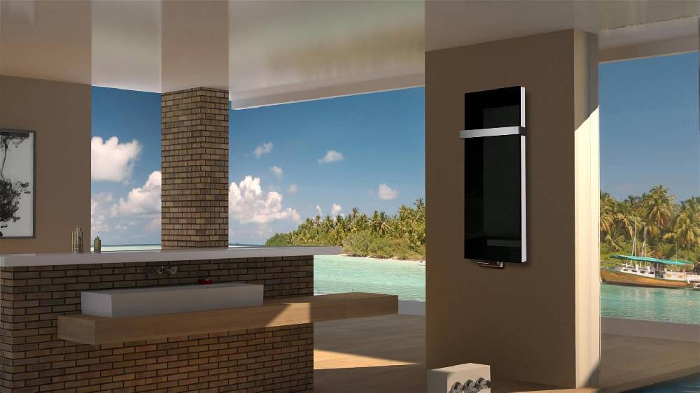 Szagato BADHEIZKÖRPER Glas Montevideo 5 Glasfront 120x47cm 1458 Watt schwarz + 1 Handtuchhalter 15x15mm SZAGATO Designheizkörper mit Mittelanschluss Vatertagsangebot
