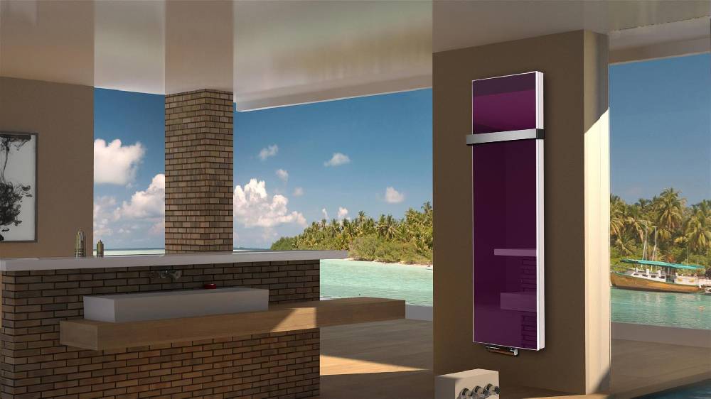 Szagato BADHEIZKÖRPER Glas Montevideo 6 Glasfront 180x47cm 1964 Watt violett +1 Halter 50mm SZAGATO Designheizkörper Handtuchheizkörper mit Mittelanschluss