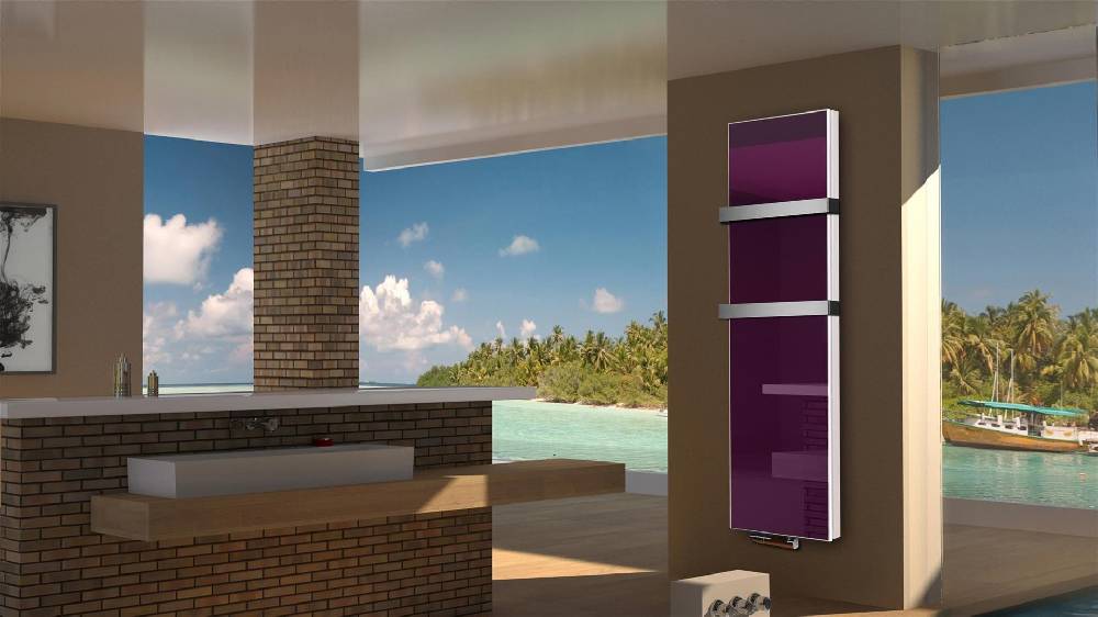 Szagato BADHEIZKÖRPER Glas Montevideo 6 Glasfront 180x47cm 1964 Watt violett +2 Halter 50mm SZAGATO Designheizkörper Handtuchheizkörper mit Mittelanschluss
