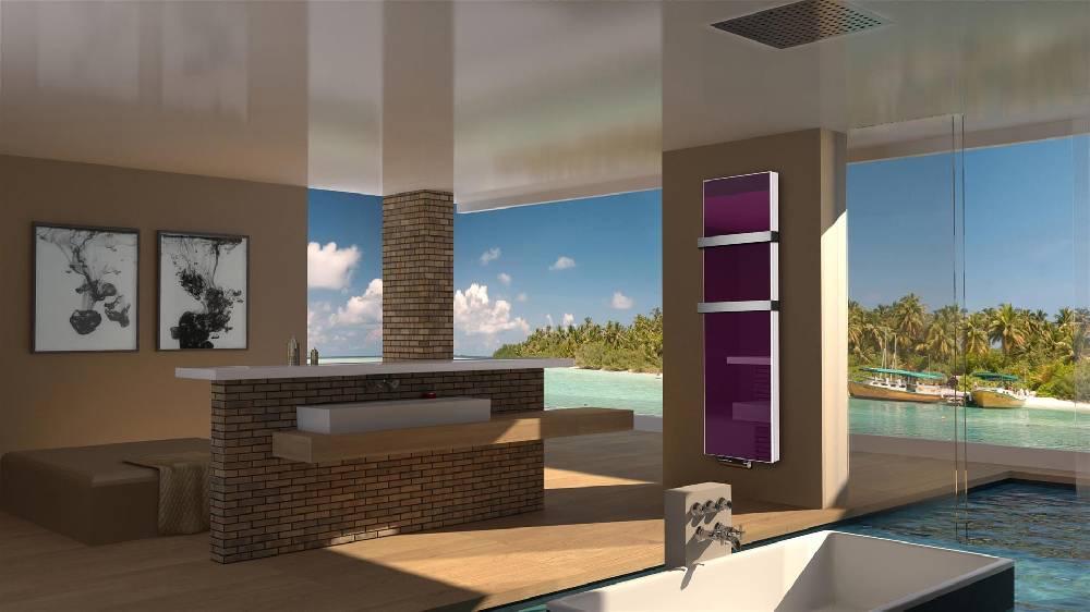 Szagato BADHEIZKÖRPER Glas Montevideo 6 Glasfront 180x47cm 1964 Watt violett +2 Halter 50mm SZAGATO Designheizkörper Handtuchheizkörper mit Mittelanschluss Bestseller