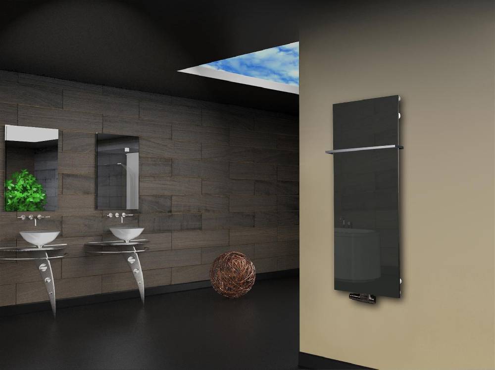 Szagato Badheizkörper mit Glas Design Montevideo 2 (Glasfront) 120x47cm 799 Watt anthrazit - moon +1 Halter 15mm SZAGATO Designheizkörper mit Mittelanschluss Kauf eins, bekomm eins gratis