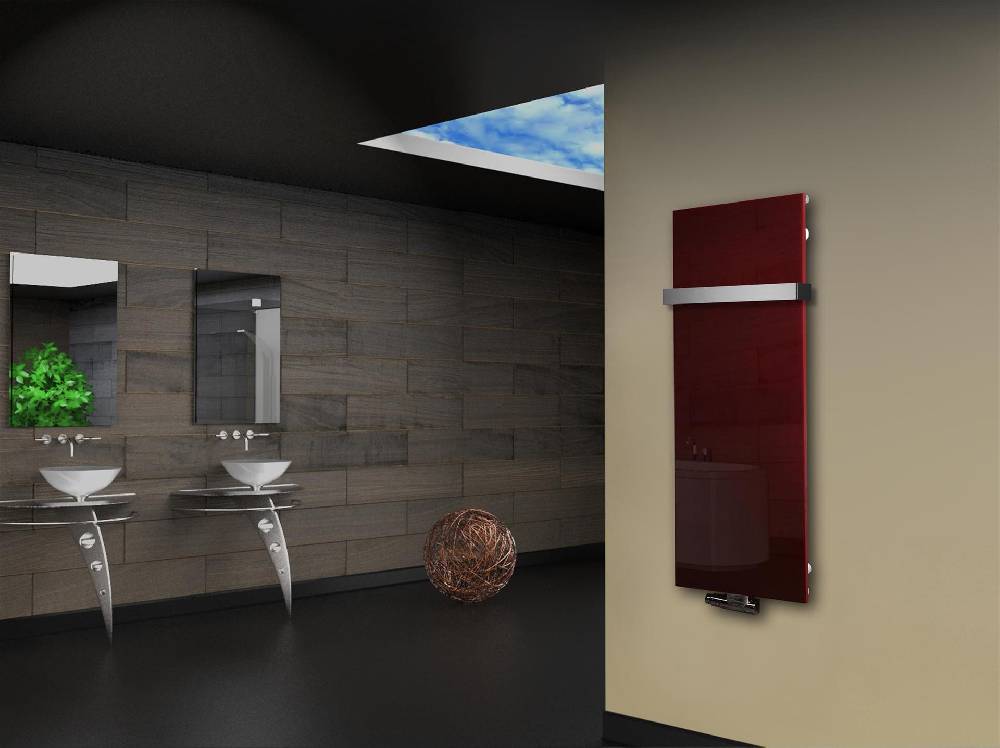 Szagato Badheizkörper mit Glas Design Montevideo 2 (Glasfront) 120x47cm 799 Watt rot (+1 Halter 50mm) SZAGATO Designheizkörper Mittelanschluss Handtuchwärmer Sonderangebote