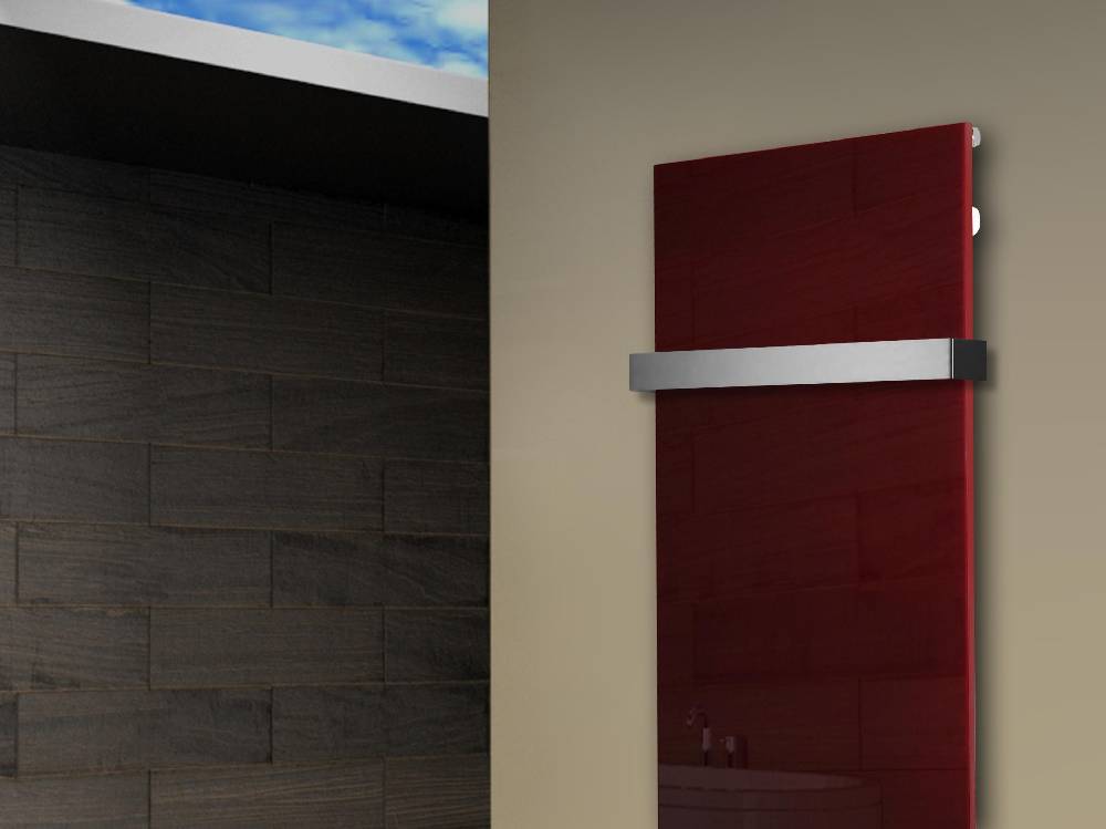 Szagato Badheizkörper mit Glas Design Montevideo 2 (Glasfront) 120x47cm 799 Watt rot (+1 Halter 50mm) SZAGATO Designheizkörper Mittelanschluss Handtuchwärmer Sonderangebote