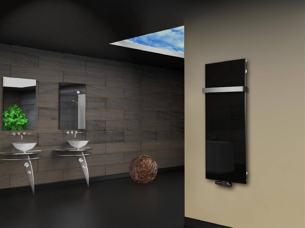 Szagato Badheizkörper mit Glas Design Montevideo 2 (Glasfront) 120x47cm 799 Watt schwarz (+1 Halter 50mm) SZAGATO Designheizkörper mit Mittelanschluss VIP-Rabatte