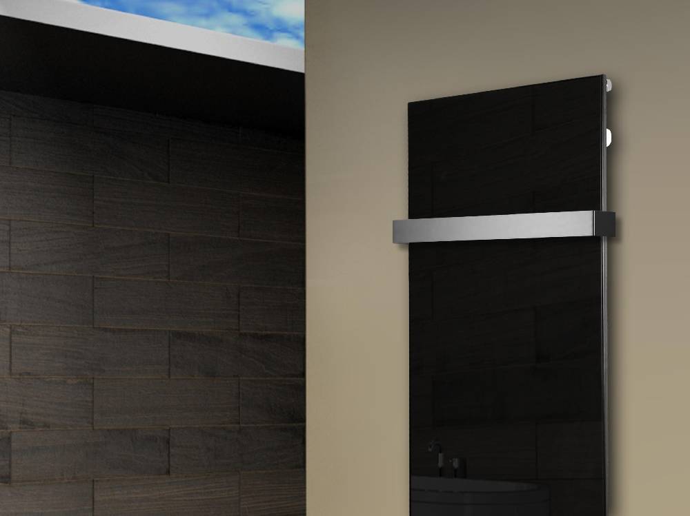 Szagato Badheizkörper mit Glas Design Montevideo 2 (Glasfront) 120x47cm 799 Watt schwarz (+1 Halter 50mm) SZAGATO Designheizkörper mit Mittelanschluss VIP-Rabatte