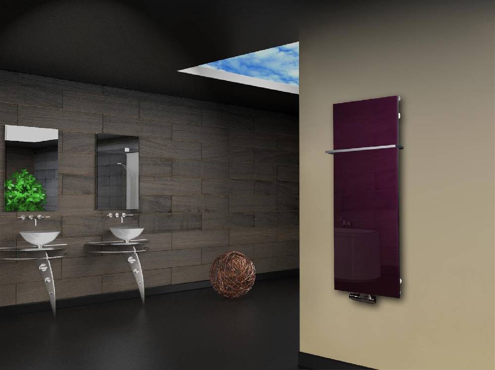 Szagato Badheizkörper mit Glas Design Montevideo 2 (Glasfront) 120x47cm 799 Watt violett (+1 Halter 15mm) SZAGATO Designheizkörper mit Mittelanschluss Tiefpreis