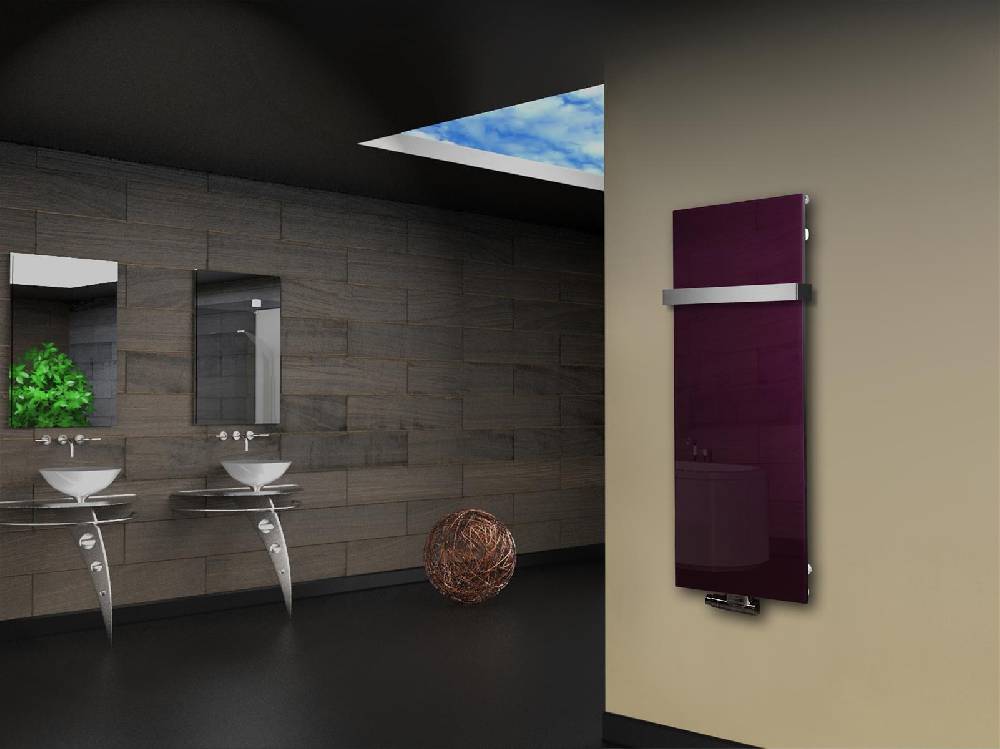 Szagato Badheizkörper mit Glas Design Montevideo 2 (Glasfront) 120x47cm 799 Watt violett (+1 Halter 50mm) SZAGATO Designheizkörper mit Mittelanschluss Super Sparpreis