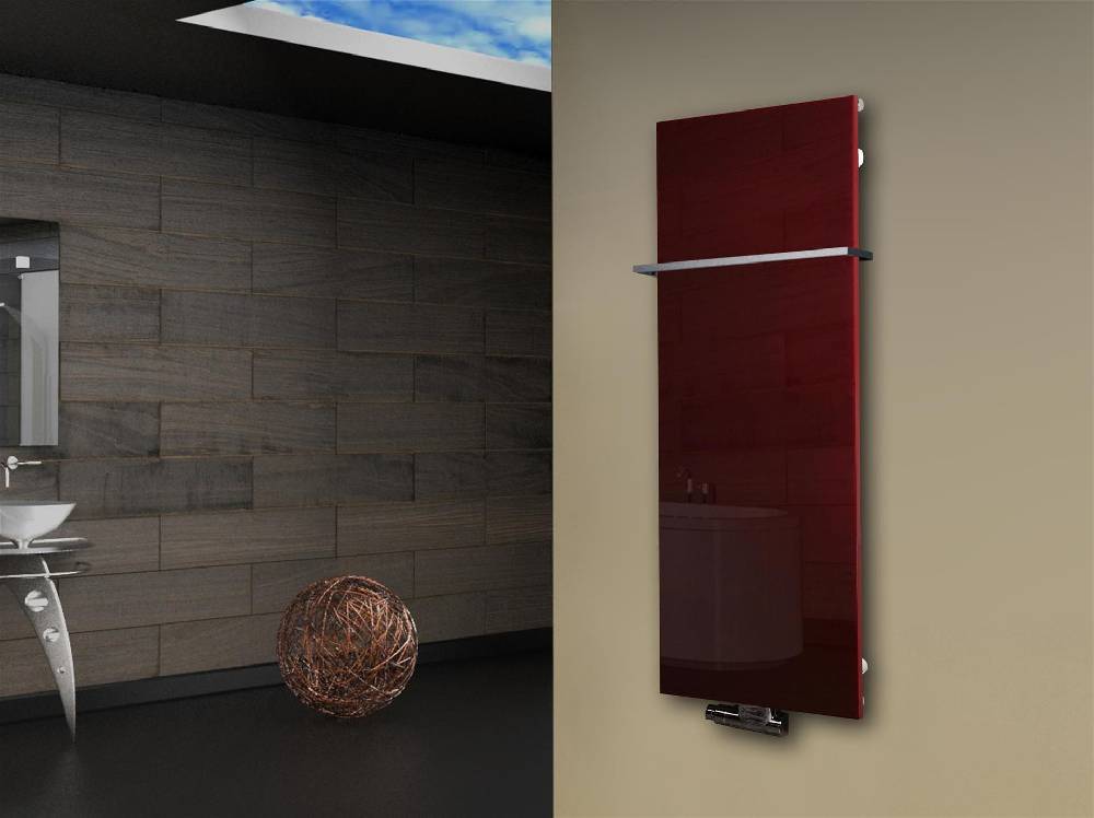Szagato Badheizkörper mit Glas Design Montevideo 2 (Glasfront) 120x47cm 799Watt rot + 1 Halter Edelstahl 15x15mm SZAGATO Designheizkörper mit Mittelanschluss Wochenangebot