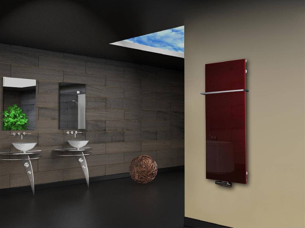 Szagato Badheizkörper mit Glas Design Montevideo 2 (Glasfront) 120x47cm 799Watt rot + 1 Halter Edelstahl 15x15mm SZAGATO Designheizkörper mit Mittelanschluss Wochenangebot