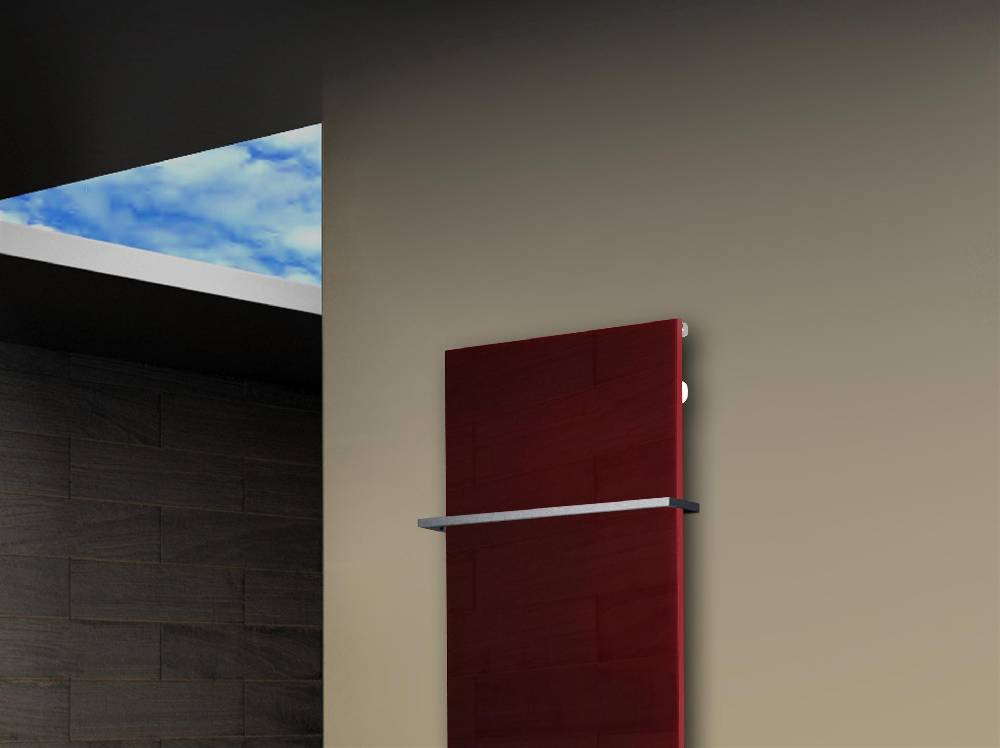 Szagato Badheizkörper mit Glas Design Montevideo 2 (Glasfront) 120x47cm 799Watt rot + 1 Halter Edelstahl 15x15mm SZAGATO Designheizkörper mit Mittelanschluss Wochenangebot