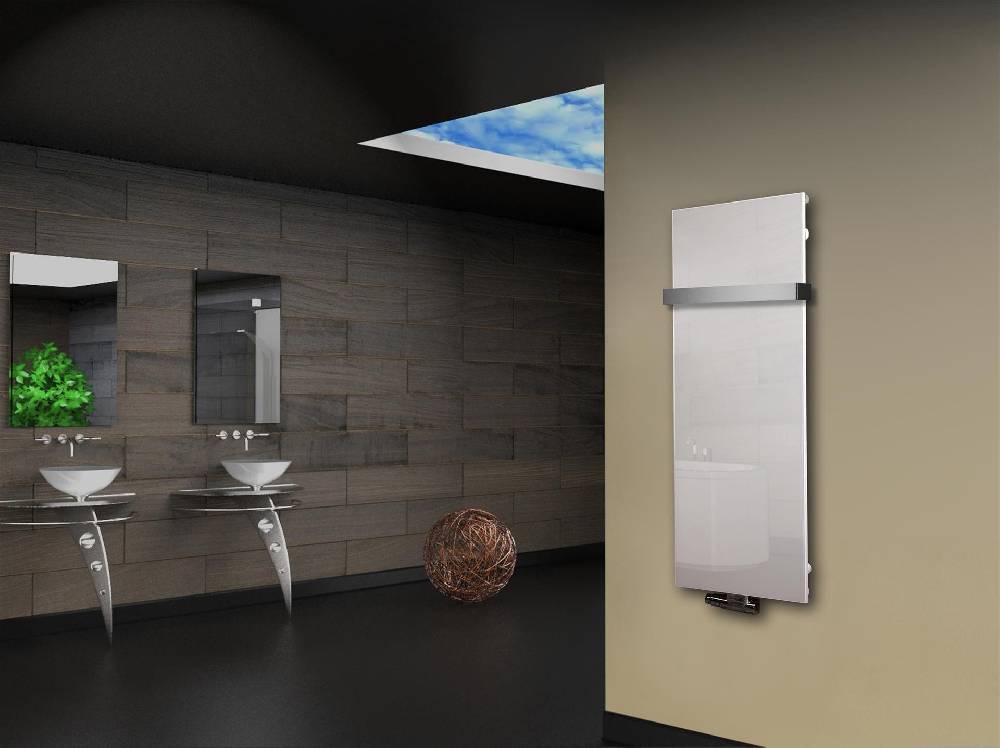 Szagato Badheizkörper mit Glas Design Montevideo 2 (Glasfront) 120x47cm 799Watt weiß (+1 Halter 50mm) SZAGATO Designheizkörper Mittelanschluss Handtuchwärmer Begrenzte Freigabe