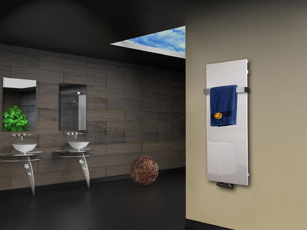 Szagato Badheizkörper mit Glas Design Montevideo 2 (Glasfront) 120x47cm 799Watt weiß (+1 Halter 50mm) SZAGATO Designheizkörper Mittelanschluss Handtuchwärmer Begrenzte Freigabe