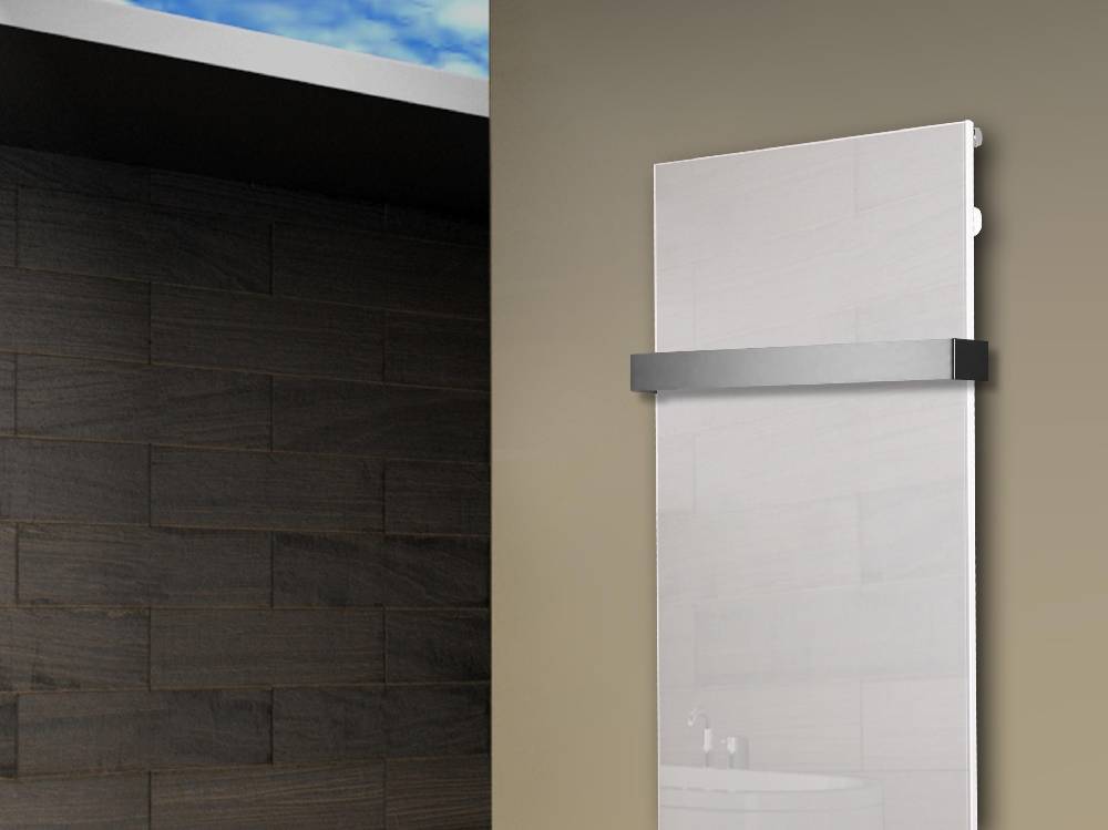 Szagato Badheizkörper mit Glas Design Montevideo 2 (Glasfront) 120x47cm 799Watt weiß (+1 Halter 50mm) SZAGATO Designheizkörper Mittelanschluss Handtuchwärmer Begrenzte Freigabe