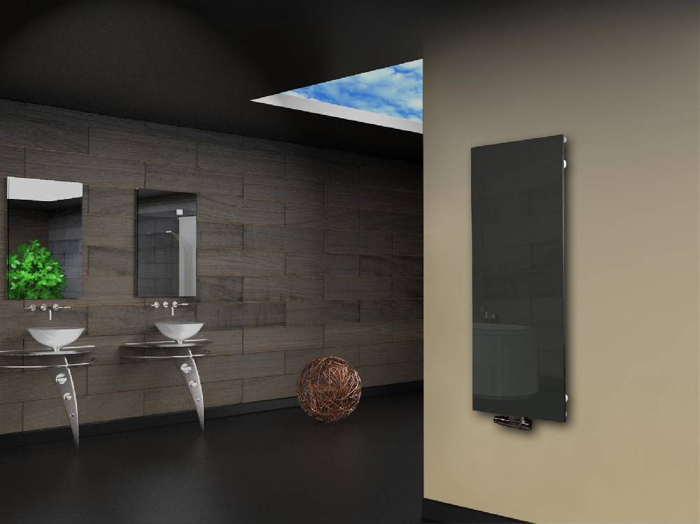 Szagato Badheizkörper mit Glas Design Montevideo 2 Glasfront 120x47cm 799 Watt anthrazit moonstone SZAGATO Handtuchwärmer Wohnraum-Heizkörper Mittelanschluss Letzte 3 Tage