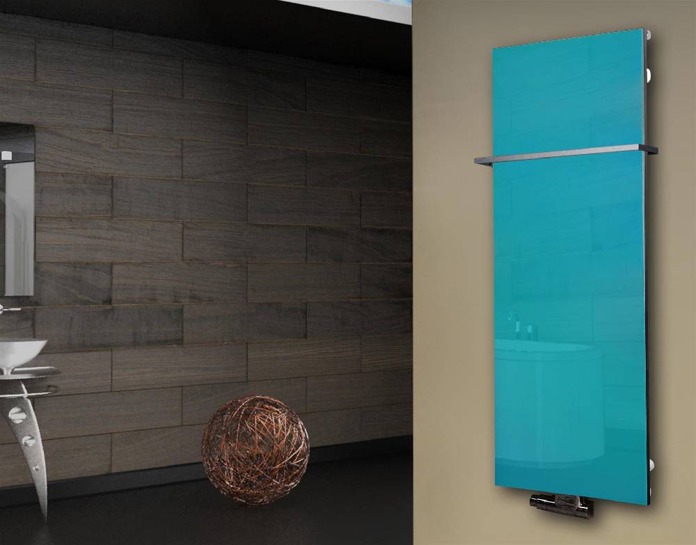 Szagato Badheizkörper mit Glas Design Montevideo 2 Glasfront 120x47cm 799 Watt türkis +1 Halter 15mm SZAGATO Designheizkörper Mittelanschluss Handtuchwärmer Letzte 2 Tage
