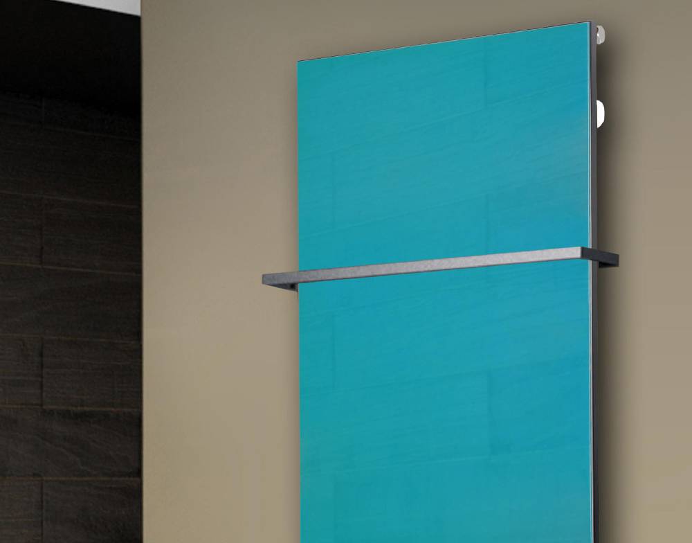 Szagato Badheizkörper mit Glas Design Montevideo 2 Glasfront 120x47cm 799 Watt türkis +1 Halter 15mm SZAGATO Designheizkörper Mittelanschluss Handtuchwärmer Letzte 2 Tage