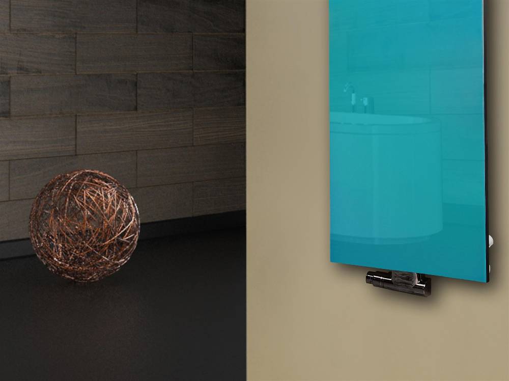 Szagato Badheizkörper mit Glas Design Montevideo 2 Glasfront 120x47cm 799 Watt türkis +1 Halter 15mm SZAGATO Designheizkörper Mittelanschluss Handtuchwärmer Letzte 2 Tage