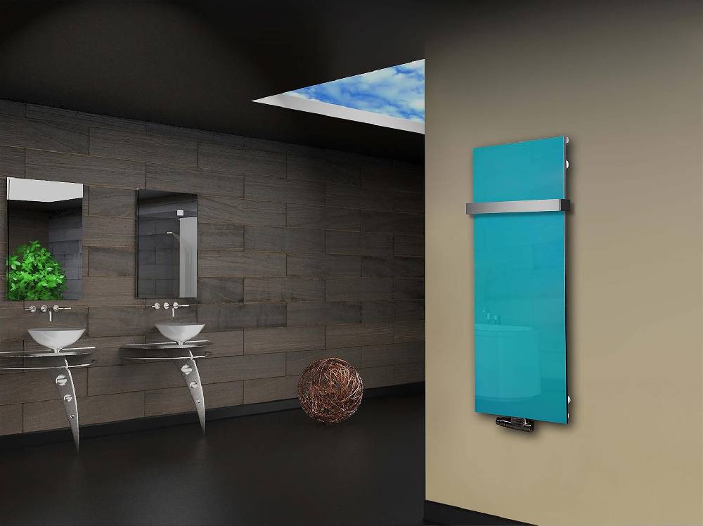 Szagato Badheizkörper mit Glas Design Montevideo 2 Glasfront 120x47cm 799 Watt türkis +1 Halter 50mm SZAGATO Designheizkörper Mittelanschluss Handtuchwärmer Letzter Tag