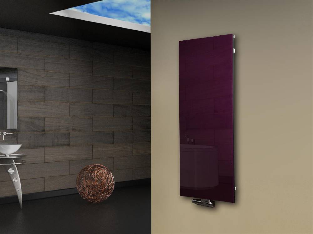 Szagato Badheizkörper mit Glas Design Montevideo 2 Glasfront 120x47cm 799 Watt violett SZAGATO Design Handtuchheizkörper mit Mittelanschluss Handtuchwärmer Zeitbegrenzte Promotion