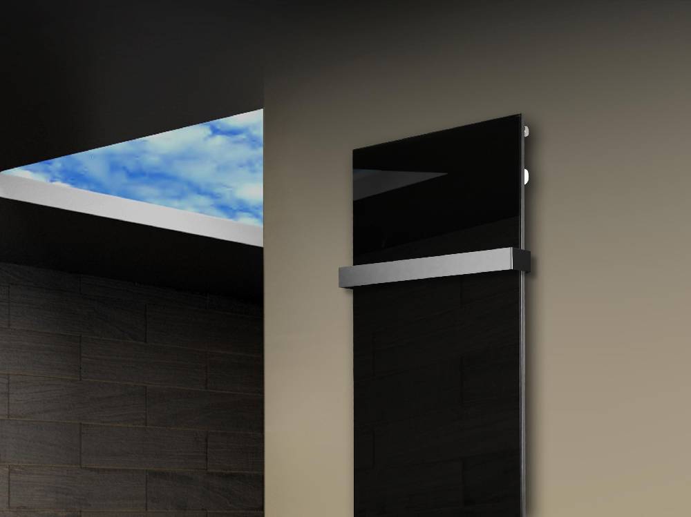 Szagato Badheizkörper mit Glas Design Montevideo 3 Glasfront 180x47cm 1118 Watt schwarz (+1 Halter 50mm) SZAGATO Designheizkörper mit Mittelanschluss Clearance-Verkauf