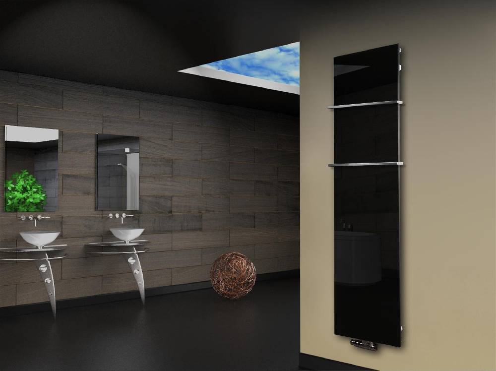 Szagato Badheizkörper mit Glas Design Montevideo 3 Glasfront 180x47cm 1118 Watt schwarz (+2 Halter 15mm) SZAGATO Designheizkörper mit Mittelanschluss