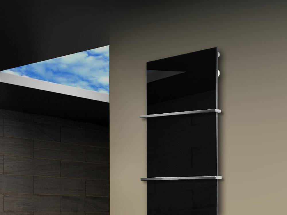 Szagato Badheizkörper mit Glas Design Montevideo 3 Glasfront 180x47cm 1118 Watt schwarz (+2 Halter 15mm) SZAGATO Designheizkörper mit Mittelanschluss Kostenloser Versand international