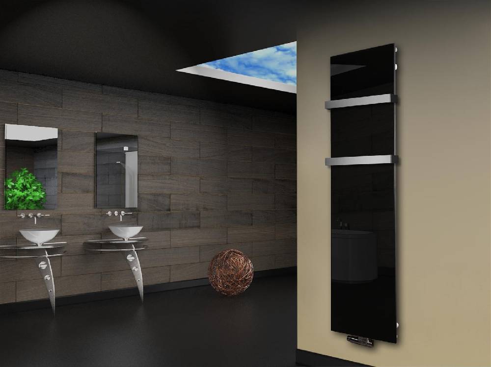 Szagato Badheizkörper mit Glas Design Montevideo 3 Glasfront 180x47cm 1118 Watt schwarz (+2 Halter 50mm) SZAGATO Designheizkörper mit Mittelanschluss Fabrikladen