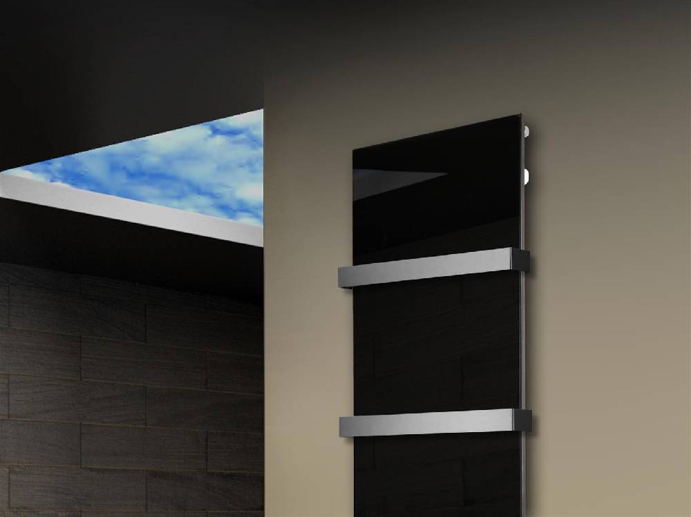 Szagato Badheizkörper mit Glas Design Montevideo 3 Glasfront 180x47cm 1118 Watt schwarz (+2 Halter 50mm) SZAGATO Designheizkörper mit Mittelanschluss Fabrikladen