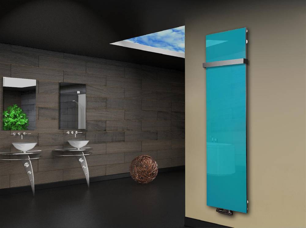 Szagato Badheizkörper mit Glas Design Montevideo 3 Glasfront 180x47cm 1118 Watt türkis +1 Halter 50mm SZAGATO Designheizkörper Mittelanschluss Handtuchwärmer Black Friday Preise