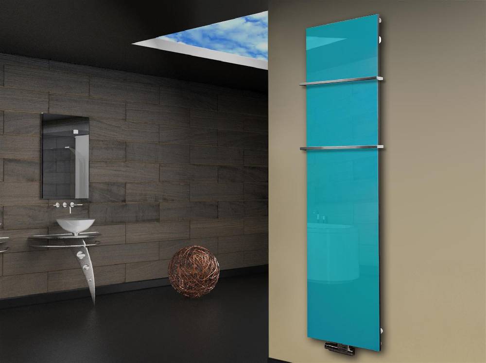 Szagato Badheizkörper mit Glas Design Montevideo 3 Glasfront 180x47cm 1118 Watt türkis +2 Halter 15mm SZAGATO Designheizkörper Mittelanschluss Handtuchwärmer Im Verkauf