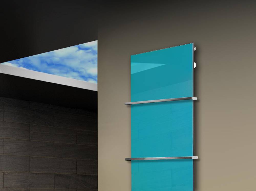 Szagato Badheizkörper mit Glas Design Montevideo 3 Glasfront 180x47cm 1118 Watt türkis +2 Halter 15mm SZAGATO Designheizkörper Mittelanschluss Handtuchwärmer Im Verkauf