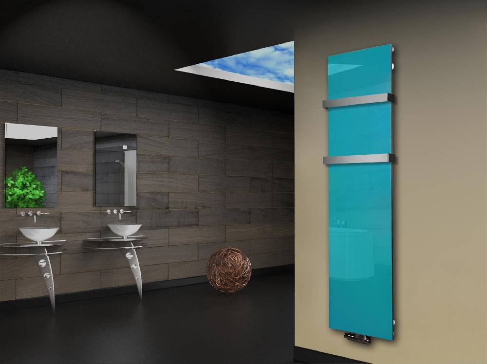 Szagato Badheizkörper mit Glas Design Montevideo 3 Glasfront 180x47cm 1118 Watt türkis +2 Halter 50mm SZAGATO Designheizkörper Mittelanschluss Handtuchwärmer zollfrei