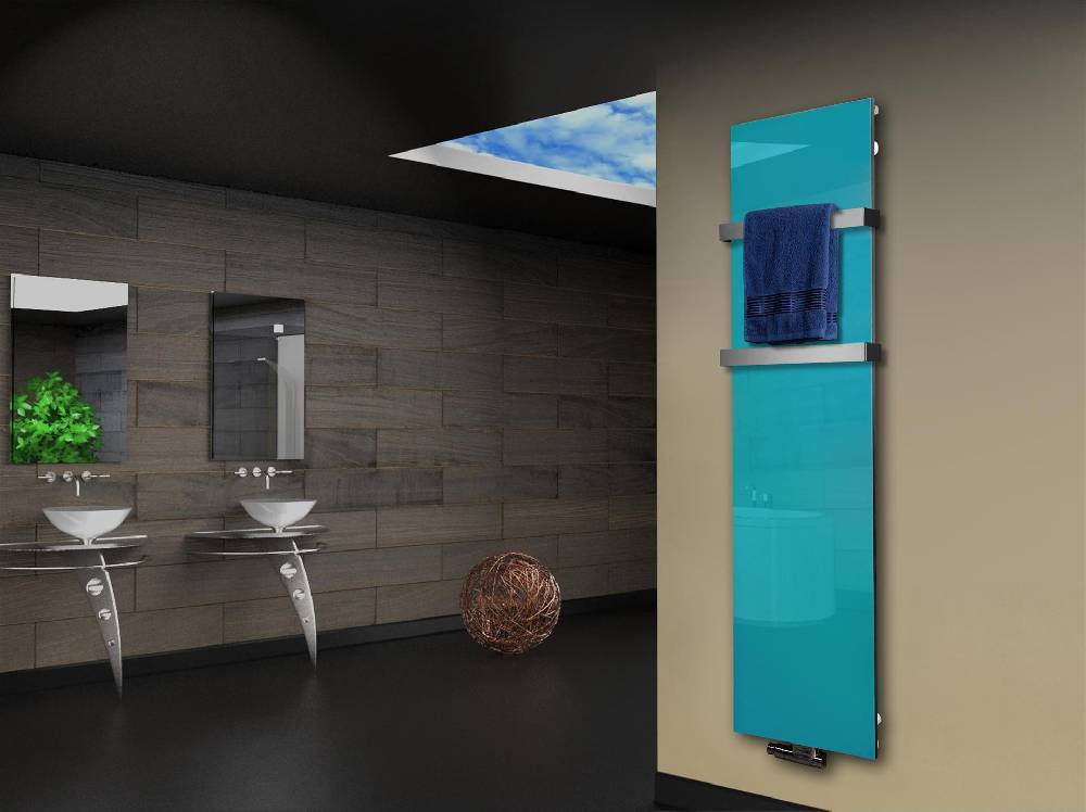 Szagato Badheizkörper mit Glas Design Montevideo 3 Glasfront 180x47cm 1118 Watt türkis +2 Halter 50mm SZAGATO Designheizkörper Mittelanschluss Handtuchwärmer zollfrei