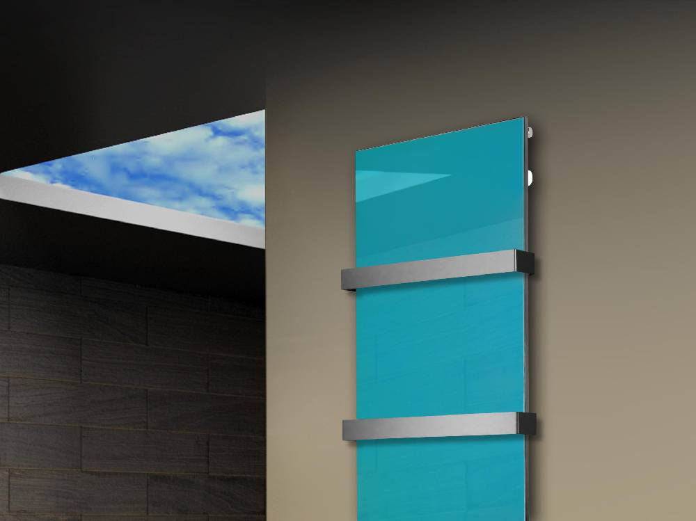 Szagato Badheizkörper mit Glas Design Montevideo 3 Glasfront 180x47cm 1118 Watt türkis +2 Halter 50mm SZAGATO Designheizkörper Mittelanschluss Handtuchwärmer zollfrei