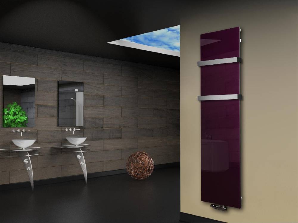 Szagato Badheizkörper mit Glas Design Montevideo 3 Glasfront 180x47cm 1118 Watt violett (+2 Halter 50mm) SZAGATO Designheizkörper mit Mittelanschluss Outlet