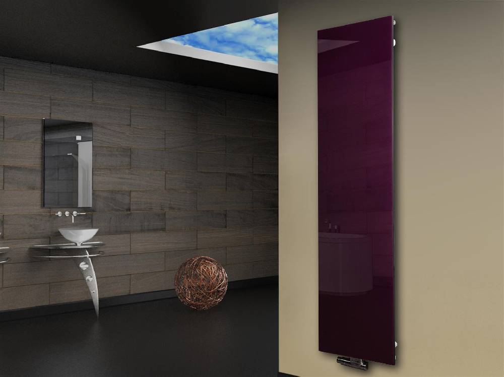 Szagato Badheizkörper mit Glas Design Montevideo 3 Glasfront 180x47cm 1118 Watt violett SZAGATO Design Handtuchheizkörper mit Mittelanschluss Handtuchwärmer Auslauf