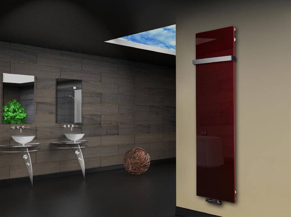Szagato Badheizkörper mit Glas Design Montevideo 3 Glasfront 180x47cm 1118Watt rot +1 Halter 50mm SZAGATO Designheizkörper Handtuchheizkörper Mittelanschluss im Angebot