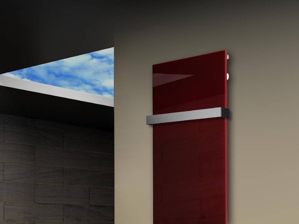 Szagato Badheizkörper mit Glas Design Montevideo 3 Glasfront 180x47cm 1118Watt rot +1 Halter 50mm SZAGATO Designheizkörper Handtuchheizkörper Mittelanschluss im Angebot